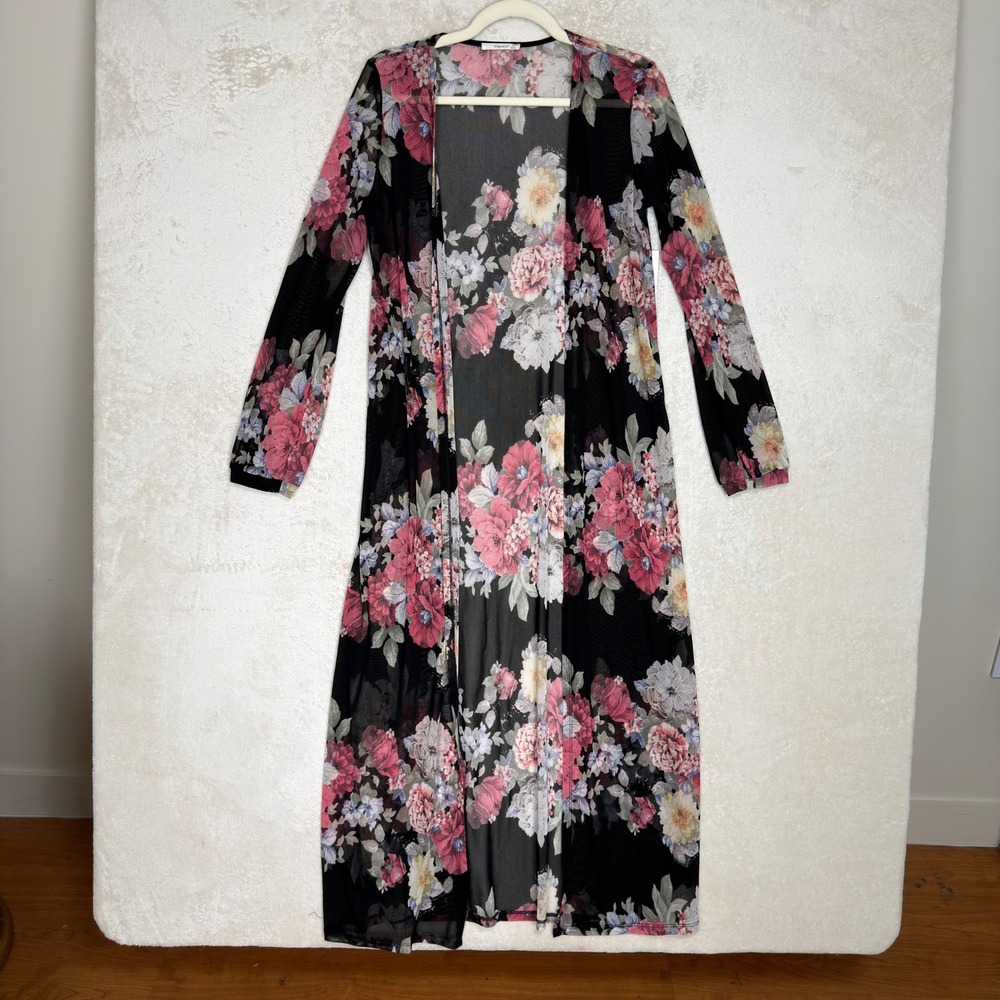 Womens Black Pink Floral Mesh Maxi Duster Cardigan M NWT Festival Boho Western